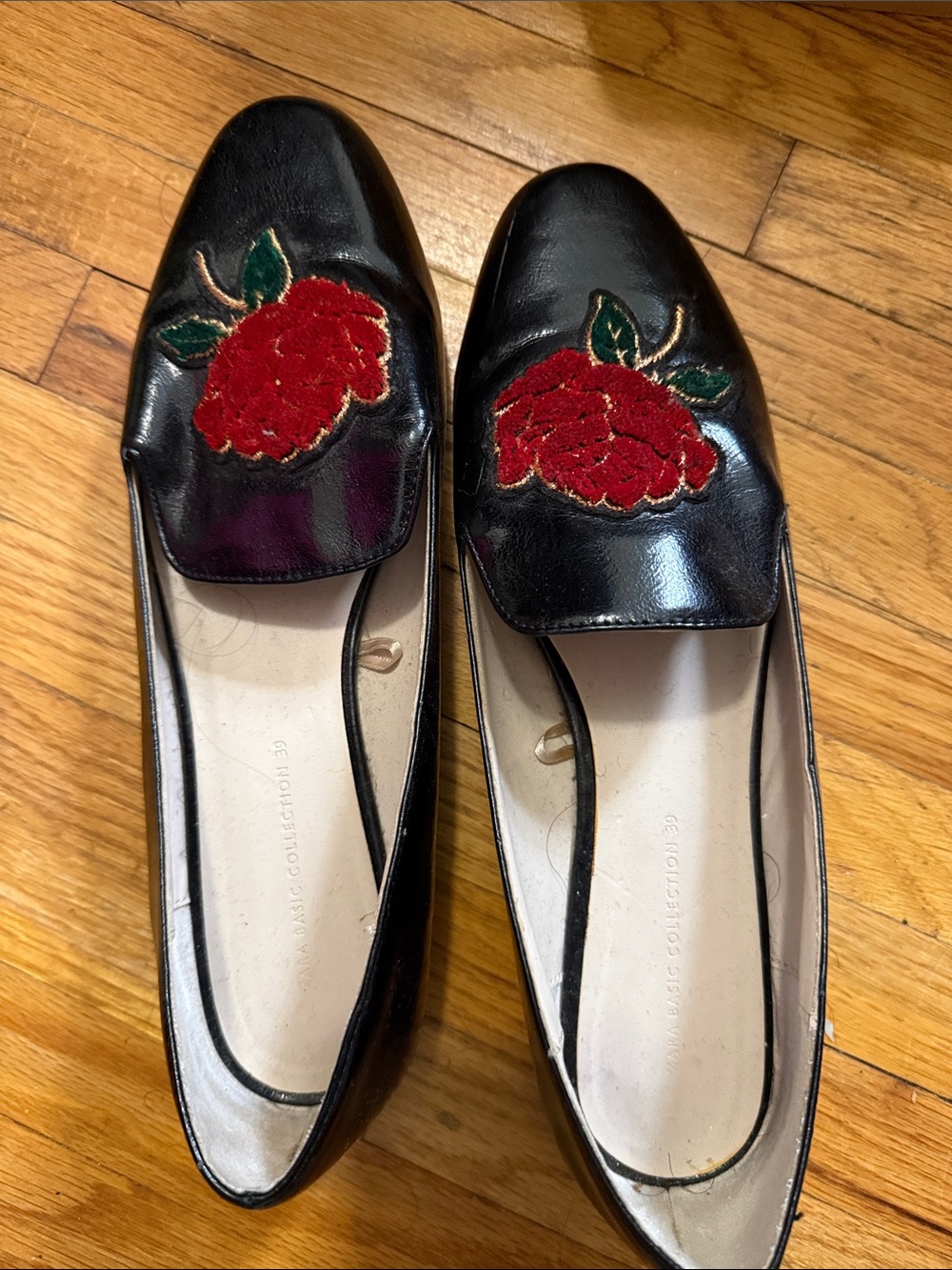 Zara Black Slip-On Loafers with Red Floral Applique